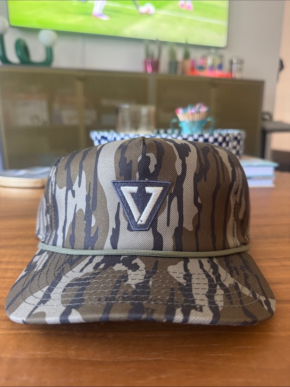 VISSLA Camo Five-Panel Hat in Olive and Brown